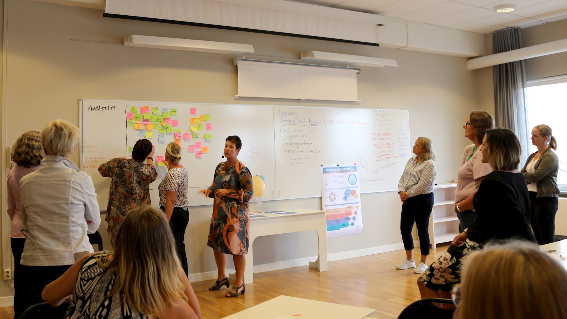Kastarina, Susanna och deltagare samlas framför post its på en whiteboard