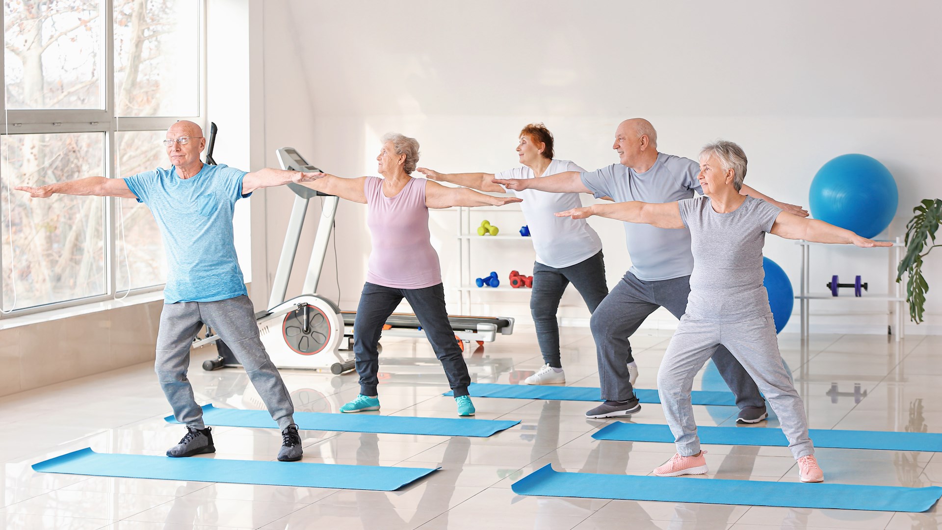 Ett gäng äldre män och kvinnor stretchar på varsin yogamatta.