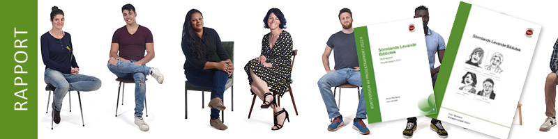 Bild på 7 personer som sitter på stolar samt skärmklipp på rapporten och kortversionen av rapporten