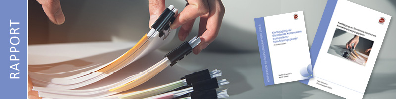 En hand bläddrar i en bunt rapporter + bild på rapport och kortversion av rapport
