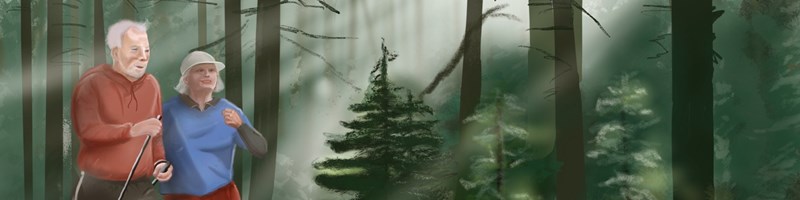 Fallpreventationsbliden, ett äldre par promenerar raskt i skogen.